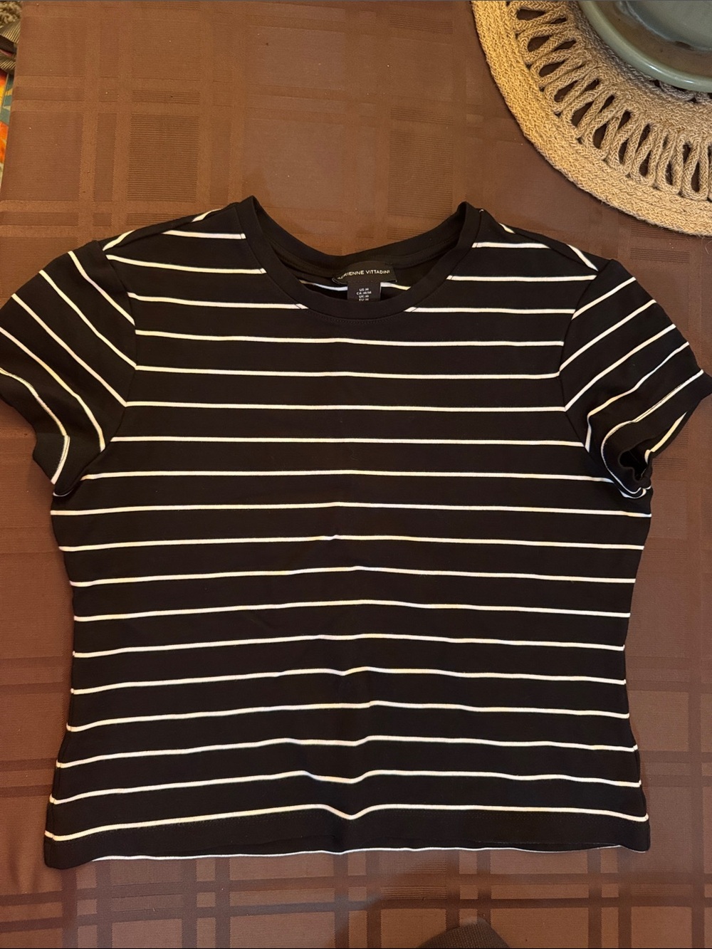 Adrienne Vittadini Cropped Black and White Striped Short Sleeve Tee